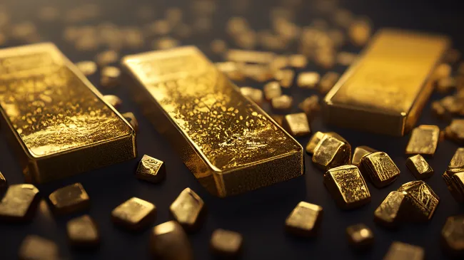 three gold bars and gold bits